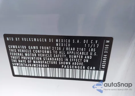 2018 Volkswagen Jetta 1.4T S from USA, damaged, VIN 3VW2B7AJ8JM260841